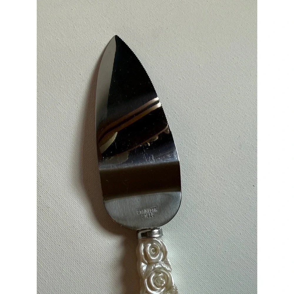 Vintage Rose Handle Stainless Steel Cake Server Pearlescent White Wedding Slicer
